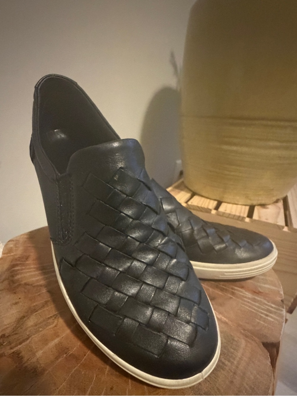 Ecco Black Soft Woven Leather Slip-On Sneakers with White Sole - Picture 6 of 9